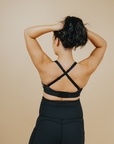 Back view of active mum wearing black nursing sports bra