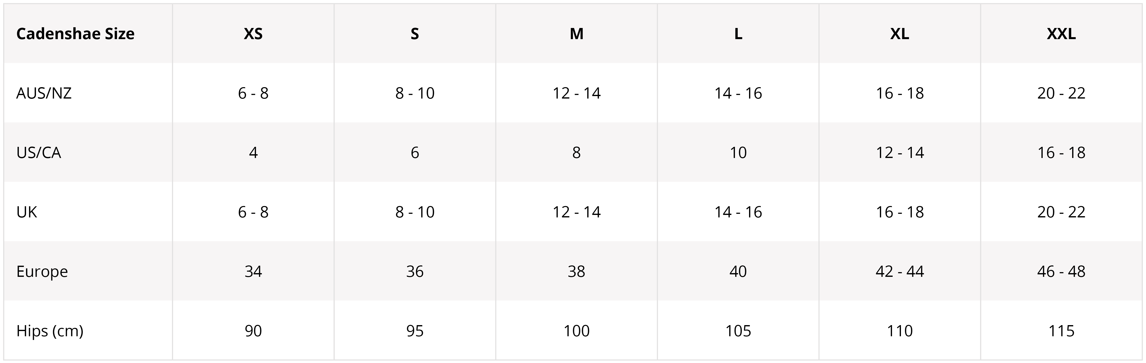 Cadenshae Size Guide