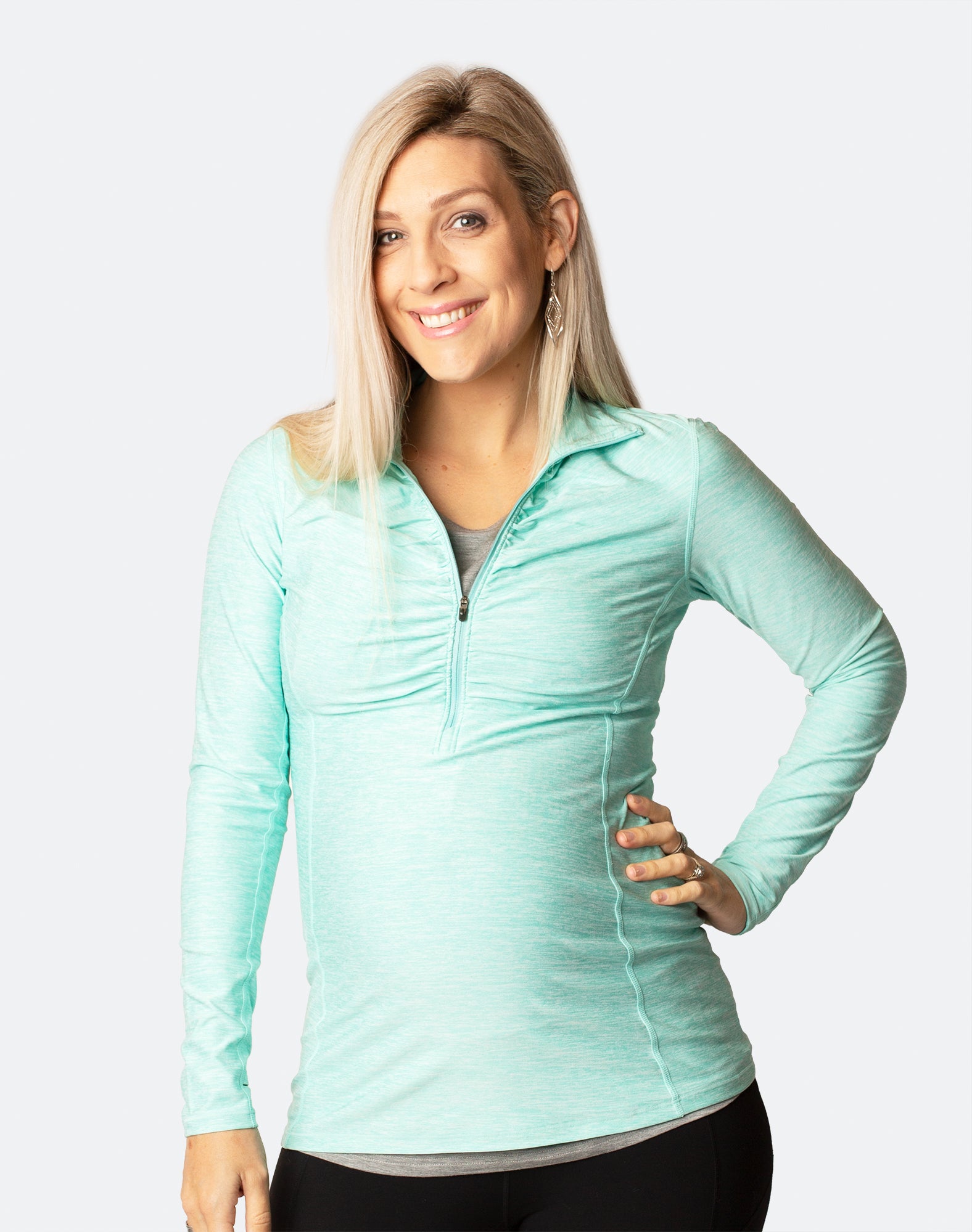 long sleeve breastfeeding top with zip front high neck