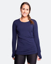 Fit mother wearing blue bamboo long sleeve top