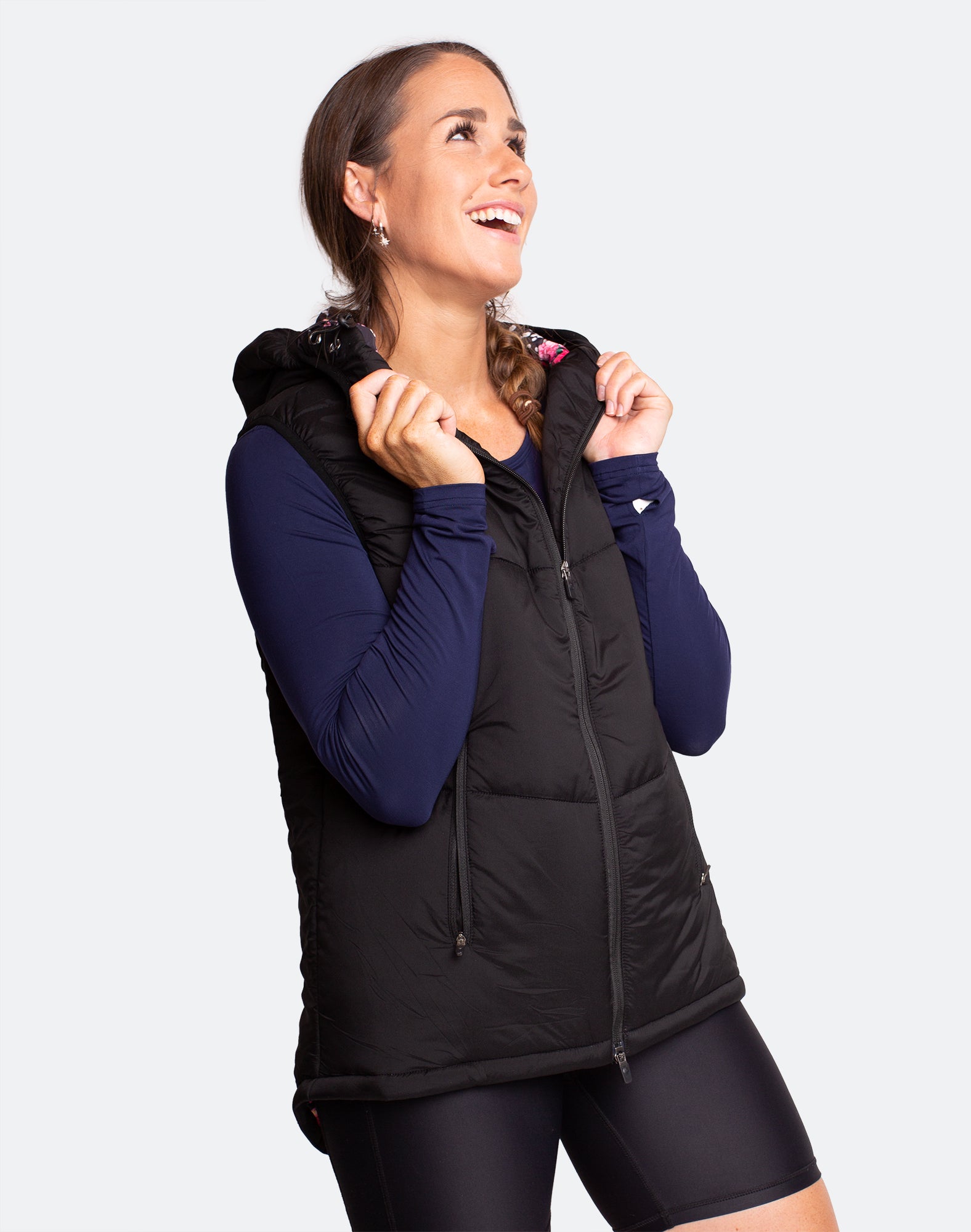 Black women's puffer vest with hood