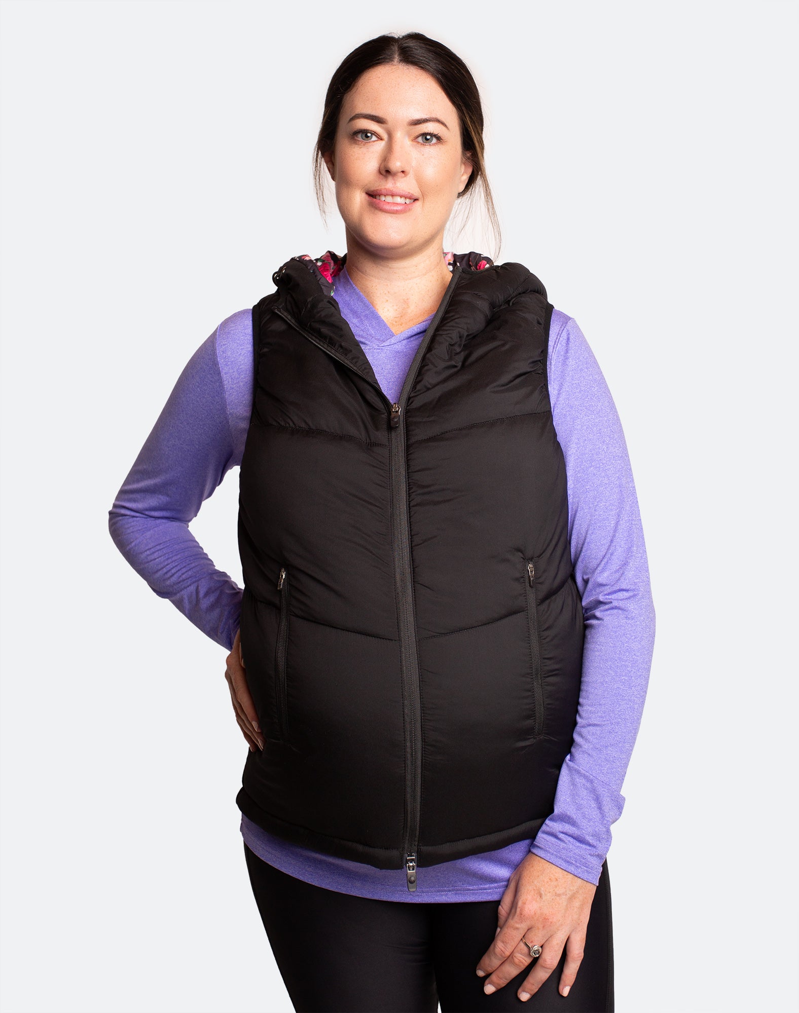 Front view of black women's puffer vest