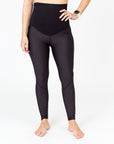 black compression maternity leggings with a high waistband