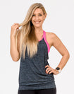 active mum wearing a grey and pink breastfeeding top loose fit tank