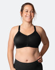 black zip front closure nursing bra for DD to G cup sizes with encapsulating foam moulded cups