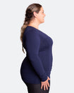 Side view of happy mother wearing dark blue bamboo long sleeve top