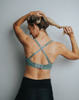 Back view of breastfeeding bra with crossed over straps