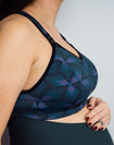 side view of pregnant woman wearing geometric print high impact nursing bra 